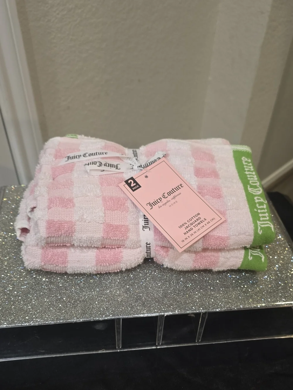 Juicy Couture Home Pink, White & Green Check Logo Cotton Jacquard Hand Towels